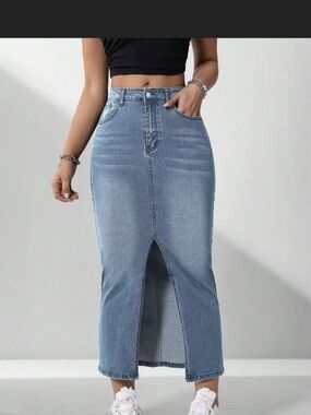Shein Petite High-Waist Light Blue Denim Maxi Skirt with Front Slit